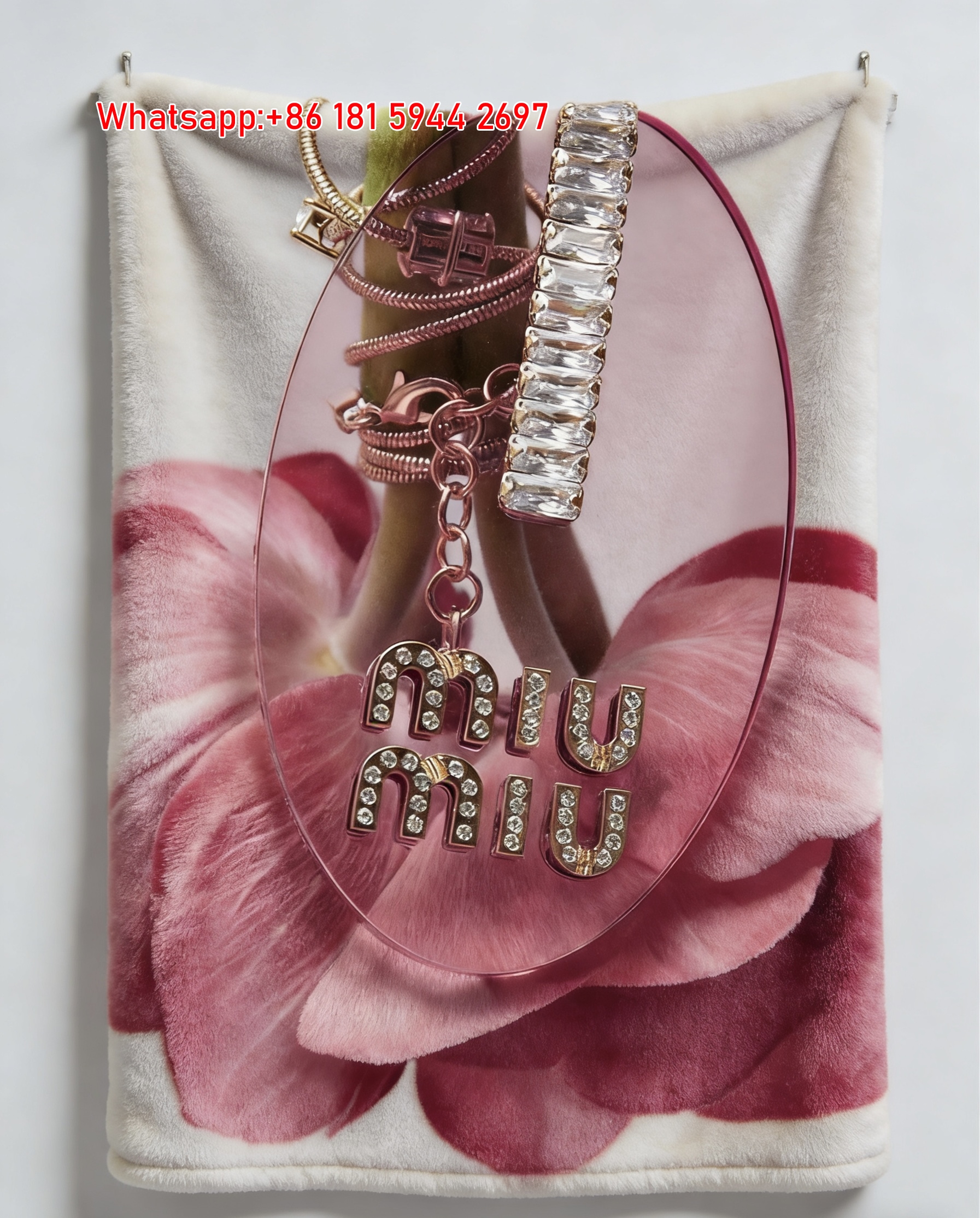 Miu Miu Crystal Logo Hot Pink Flower Flannel Throw Blanket Miu Miu Earring Printed Sofa Blanket IMG_0380